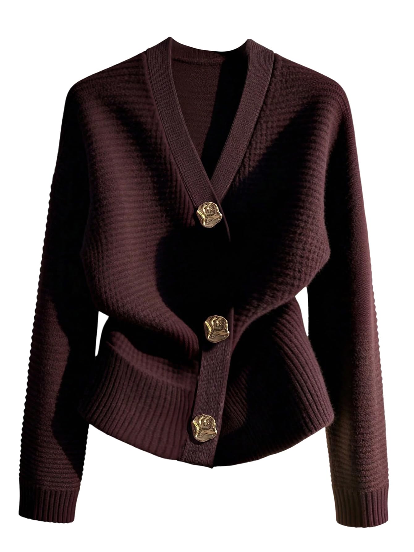 OYOANGLE Womens Metal Button V Neck Cardigan Sweater Long Sleeve Drop Shoulder Cropped Sweaters