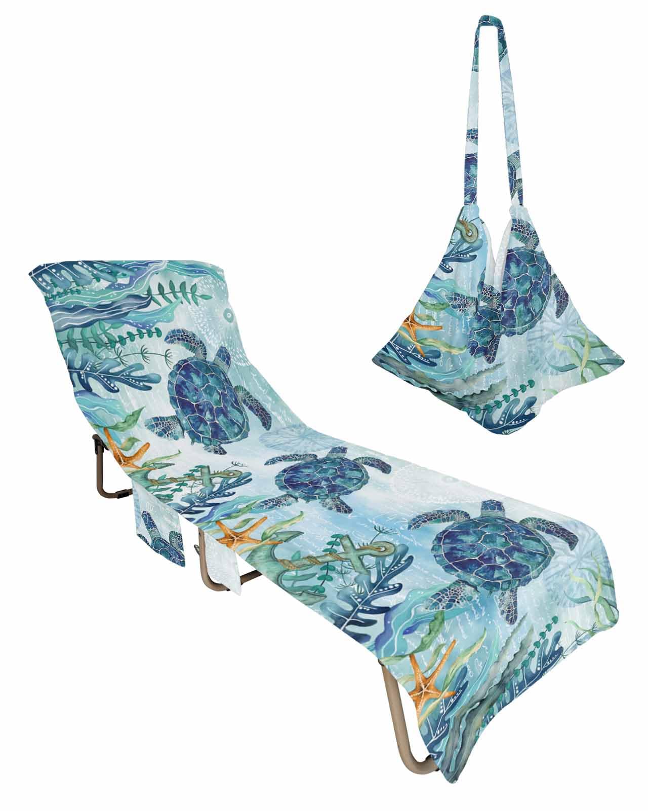 Nautical Coastal Turtle Beach Lounge Chair Towel Cover, Soft Chaise Lounge Towel with Side Pockets Patio Pool Chairs Cover for Beach/Pool Sunbathing 29x85 Starfish Coral Vintage Turquoise