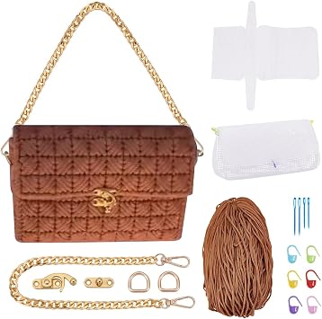FREEBLOSS DIY Plastic Canvas Mesh Bag Kit Blank Mesh Canvas Sheets for Embroidery Needlepoint Craft Kit Knit and Crochet Projects Handbag Making Accessories, Brown