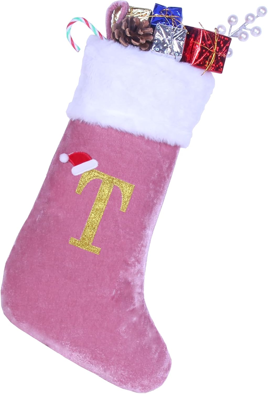 20 Inches Monogram Christmas Stockings with Letters, Large Super Soft Christmas Stockings Pink Velvet with White Super Soft Plush Cuff for Xmas Tree Holiday Fireplace Gold Letter T