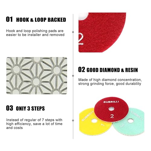 Miniatura 6 de SUBRILLI Almohadillas de pulido de diamante de 3 pasos secohúmedo de 4 pulgadas, 9 piezas, paso 3 para hormigón de cuarzo de mármol de granito