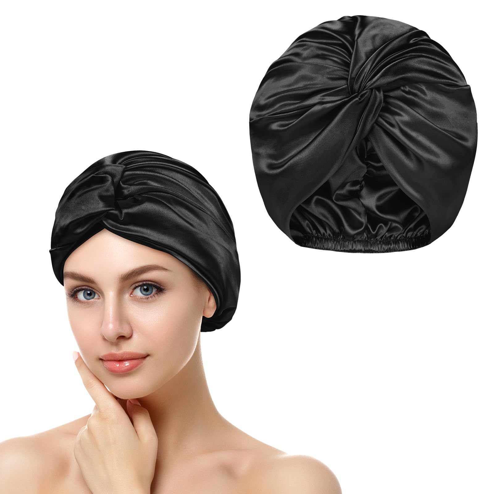 AOGOE Silk Hair Bonnet for Sleeping Double Layer Sleep Cap, Silk Sleep Cap with Elastic Bow, Night Sleep Cap