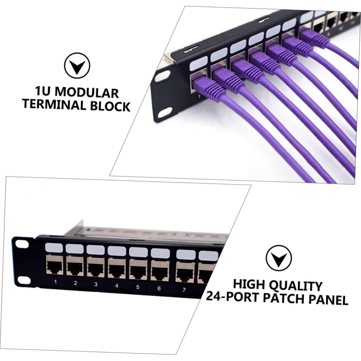Panneau de Brassage Ethernet 19 Pouces, 24 Ports, Métal Noir, Montage en Rack, Non, pour Câbles Cat 5e à Cat 7