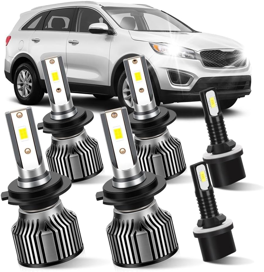 LED Headlight and Fog Light Bulbs compatible with Kia Sorento 2014-2018, H7 High H7 Low Beam, 880/881 Fog Lights, 6000K White, 500% Brighter, 6-Pack (SLX Version Dont Fit)