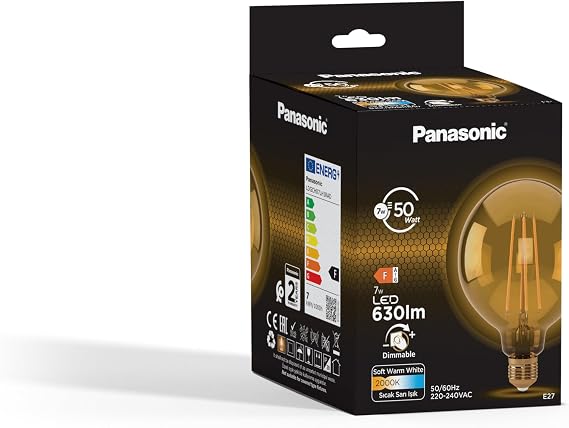 Panasonic E27 Dimmable Filament G125 Lamp 7W 630LM 2000K Gold [Energy Class F]