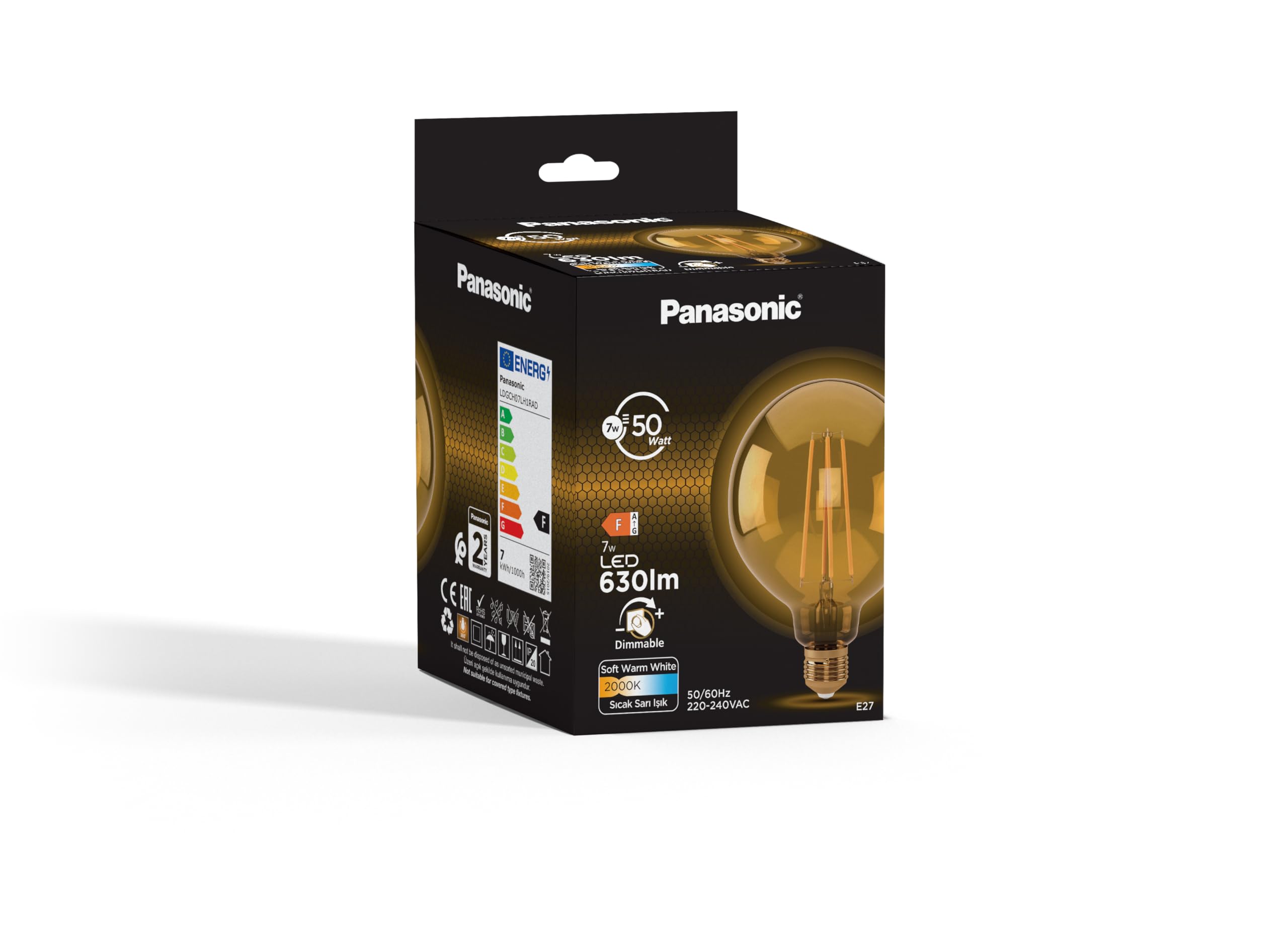 Panasonic E27 Dim Edilebilir Filaman G125 Lamba 7W 630LM 2000K Gold