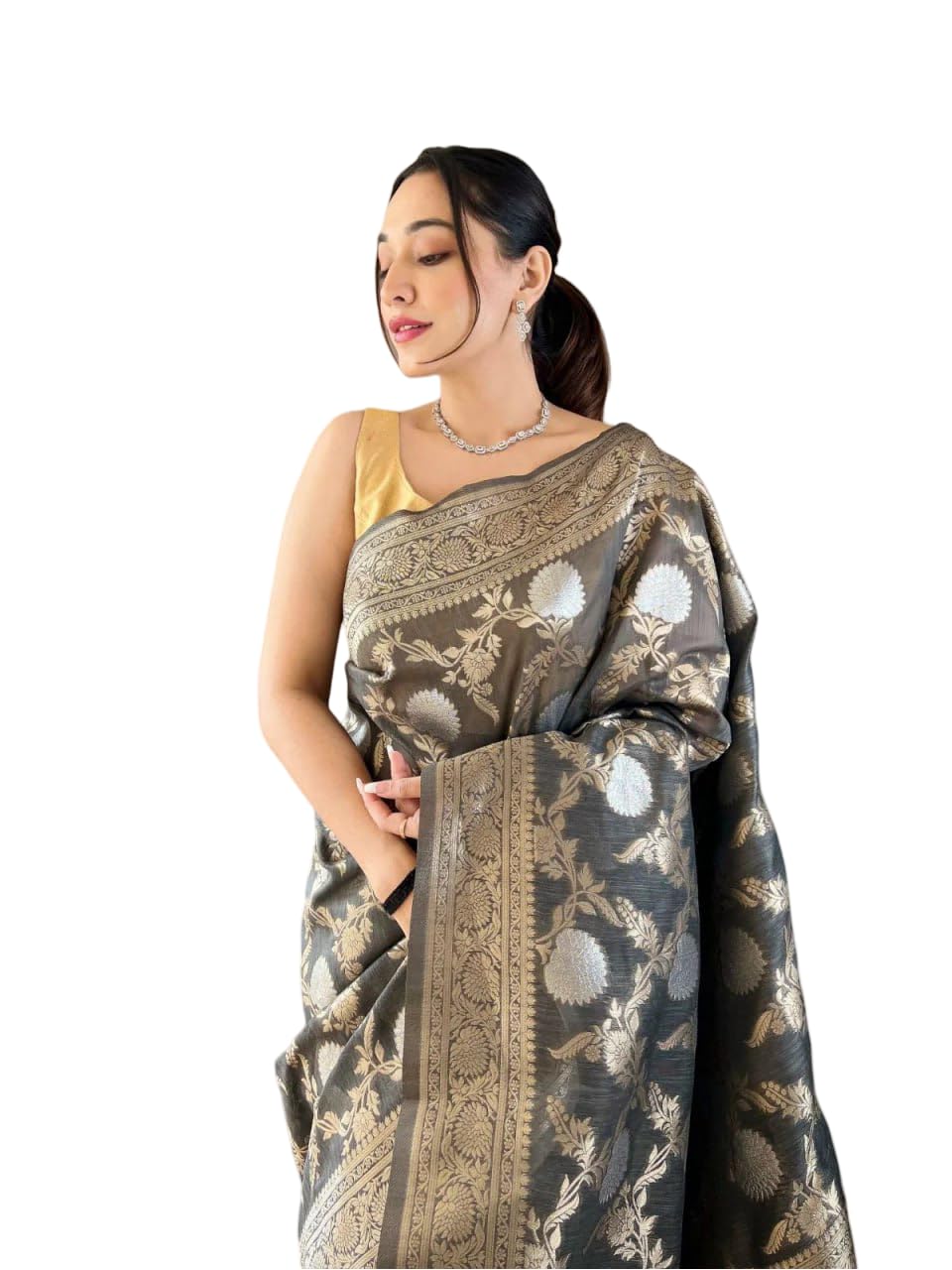 Flosive Women's Latest Color Kanjivaram Silk Saree With Blouse (Grey)