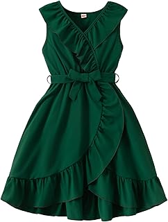 Toddler Girls Special Occasion Dresses with Belt Sleeveless V-Neck Ruffle Hem Elegant Dress - Buy now