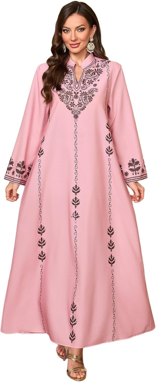 Muslim Moroccan Kaftan Abaya for Women with Floral Border Print Dubai Robe Ramadan Prayer Dress Islamic Traditional Wear