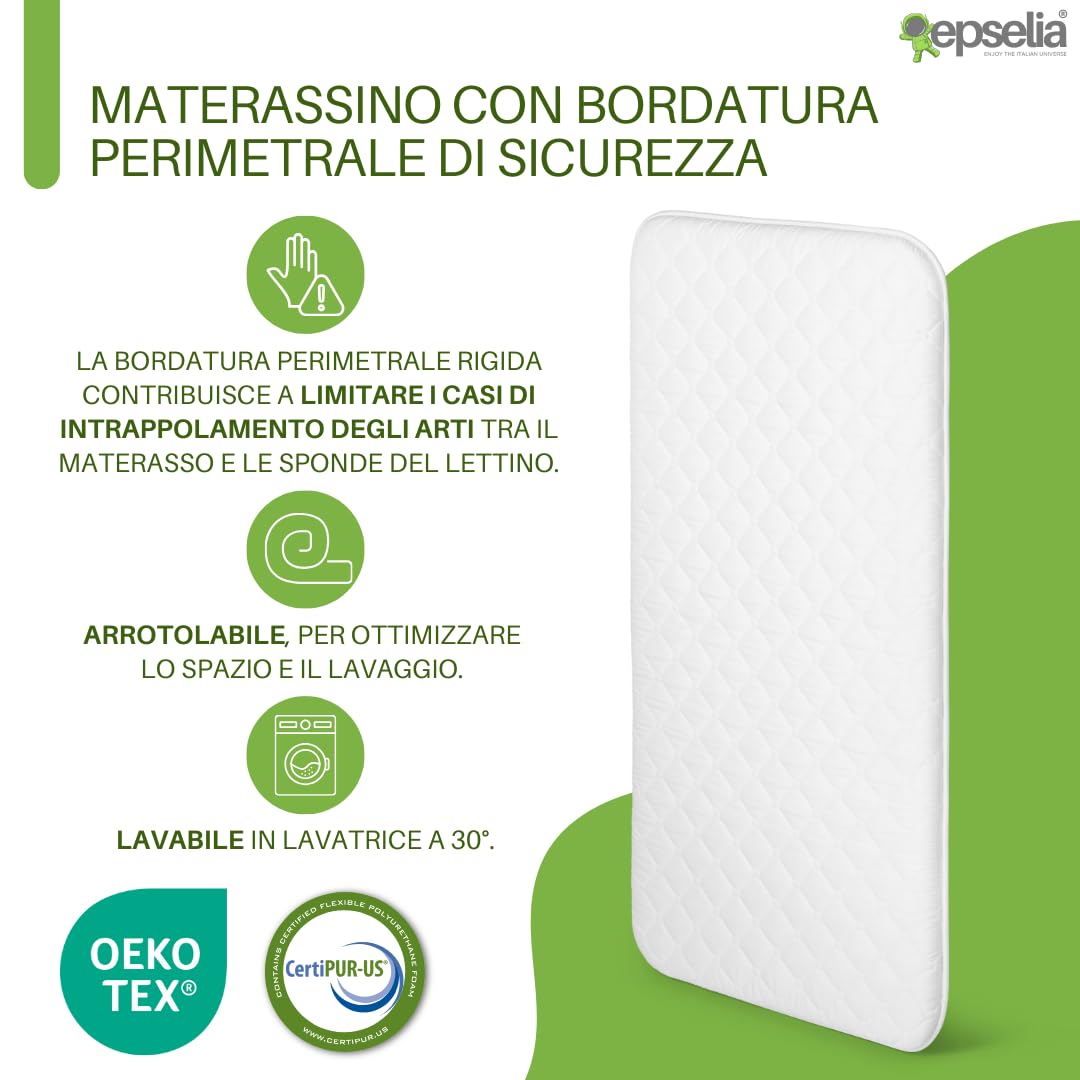 EPSELIA Materasso Lettino per Bambini Arrotolabile e Bordato per Viaggio o Campeggio, cm 60x120 H4 Certificato Antisoffoco EN16890:2017 Poliuretano CertiPUR™ OEKO-TEX®