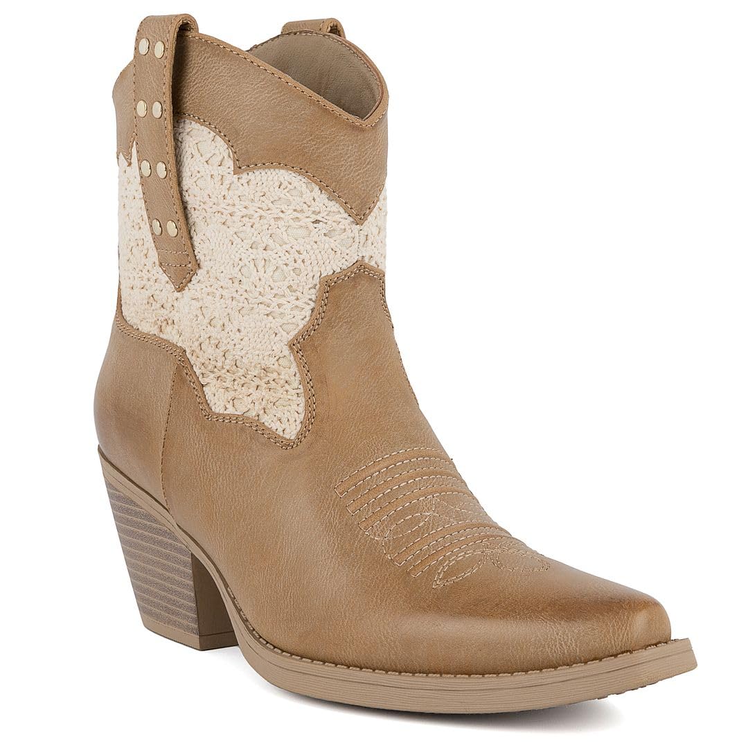 Sugar Womens Western Ankle Boots - Pull-On Cowgirl Booties with Stitch Detailing Almond Toe and Block Heel Murray
