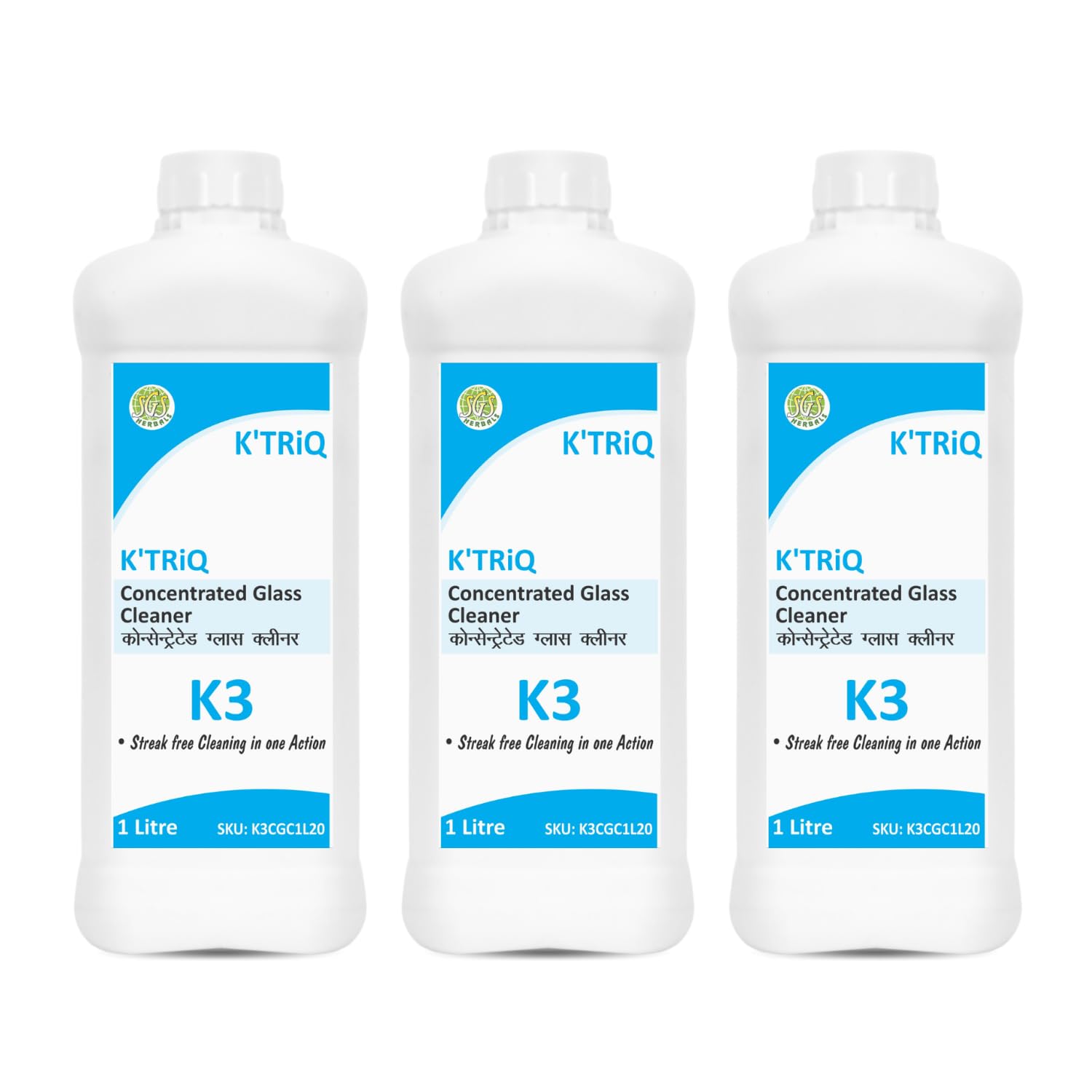 K'TRiQ K -3 Glass and Surface Cleaner Liquid, 1 Litre Refill Pack(3pcs), |India's #1 Industrial Glass Cleaner for Car, Kitchen and Home Surfaces | Multi-Glass Surface Cleaner