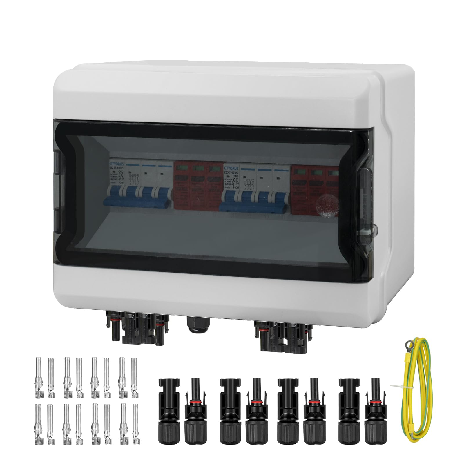 Caja de Conexiones Solar Fotovoltaica, IP65 Fotovoltaica DC Protección Contra Sobretensiones, Interruptor Automático Fotovoltaico 2 Cadena DC 1000V con Enchufe Solar(2 en 2 fuera, 40A)