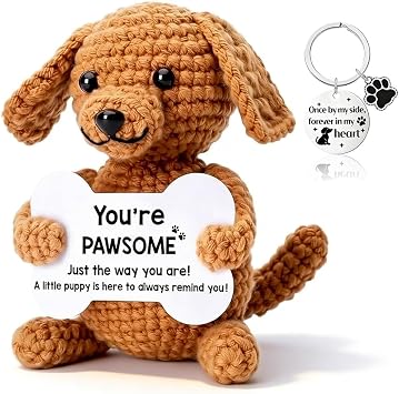 Emotional Support Crochet Positive Dog with Inspirational Cards and keychain,Pawsitive Knitted Gift Plush Doll for Dog Lover Women Men,Good Luck Present for Birthday,Office Home Desk Decor