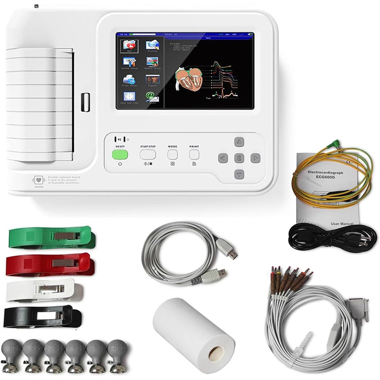 ECG ECG Monitor paziente con 12 cavi 7 pollici LCD Touch Screen Digital Equipment, macchina elettrocardiografo ECG a 6 canali, forme d'onda di registrazione per scopi medici