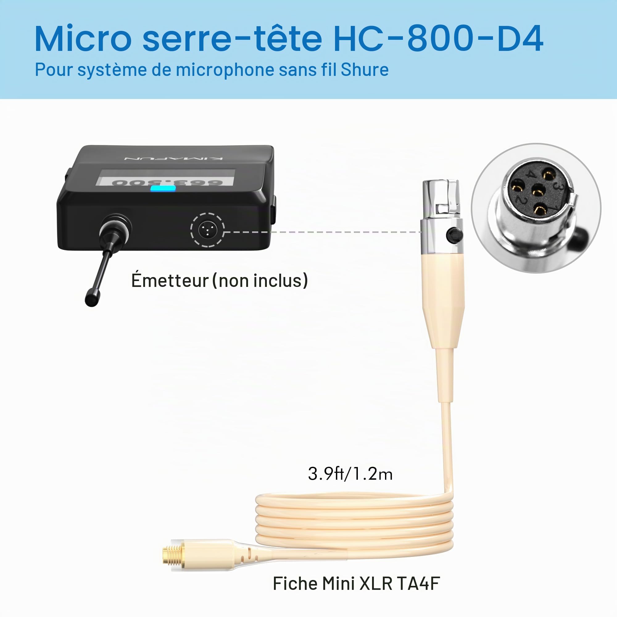 KIMAFUN Microphone Serre-Tête Ajustable avec Bandeau, Suspendu sur l'oreille, Léger et Professionnel, Microphone à Condensateur Compatible avec émetteur bodypack sans Fil Shu-re – Beige HC-800-D4