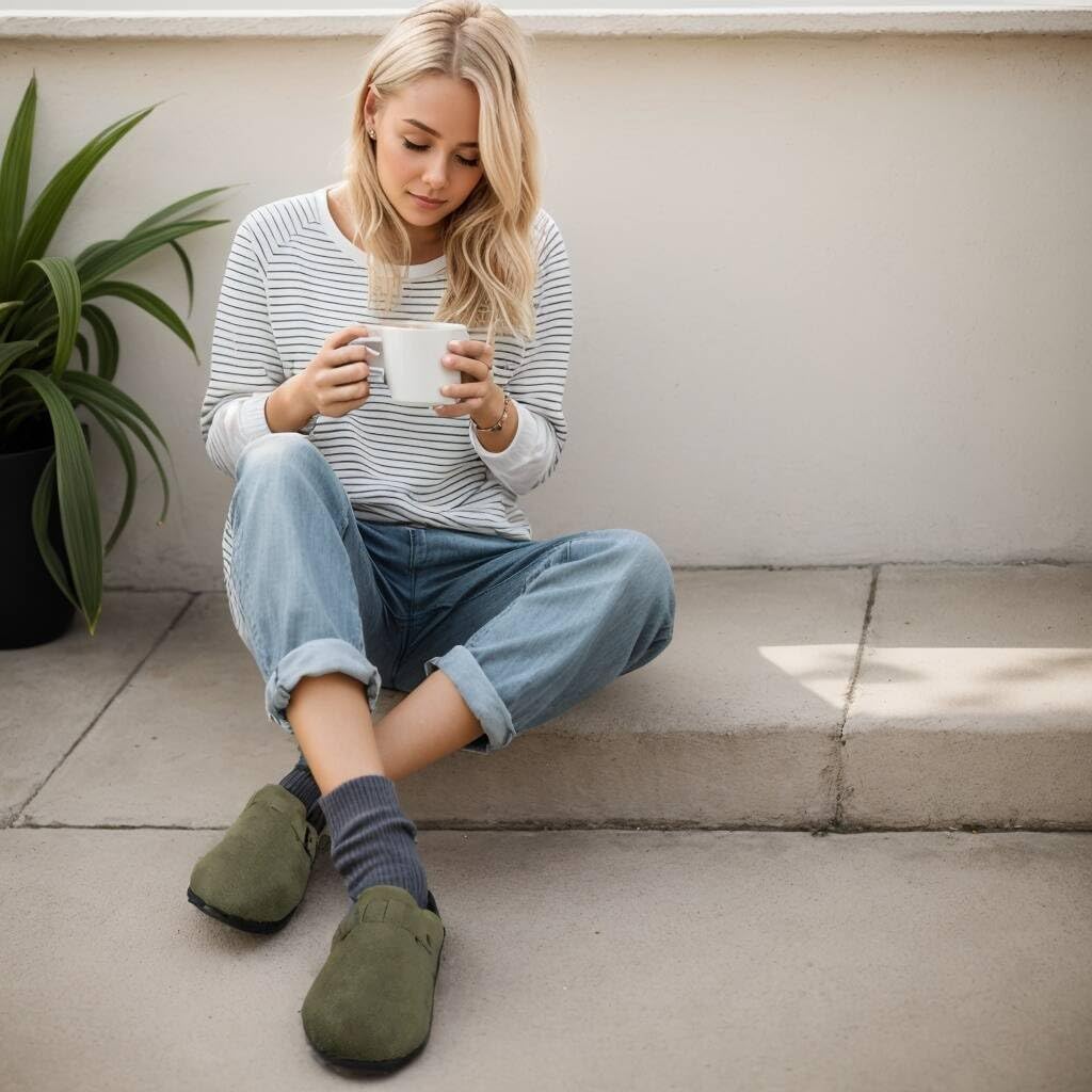 Clogs for Women Suede Soft Leather Clogs Classic Cork Slip on Shoes Antislip Slippers Waterproof Mules House Sandals Buckle