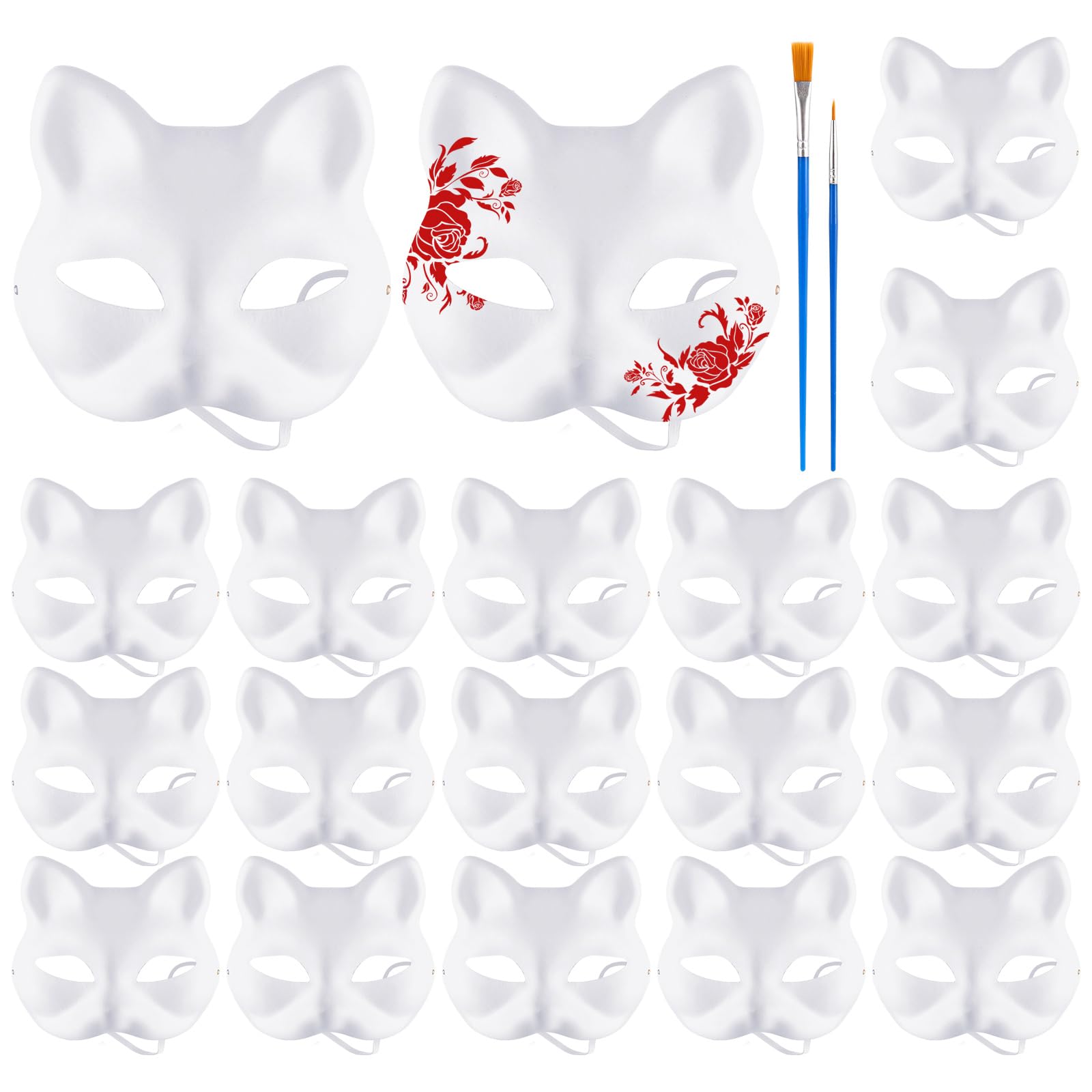 LOPYXBR 20PCS Cat Mask Kit DIY White Blank Therian Mask with Brush Cat Paper Masks to Decorate, Hand-Paintable Plain Masks for Masquerade Cosplay Halloween