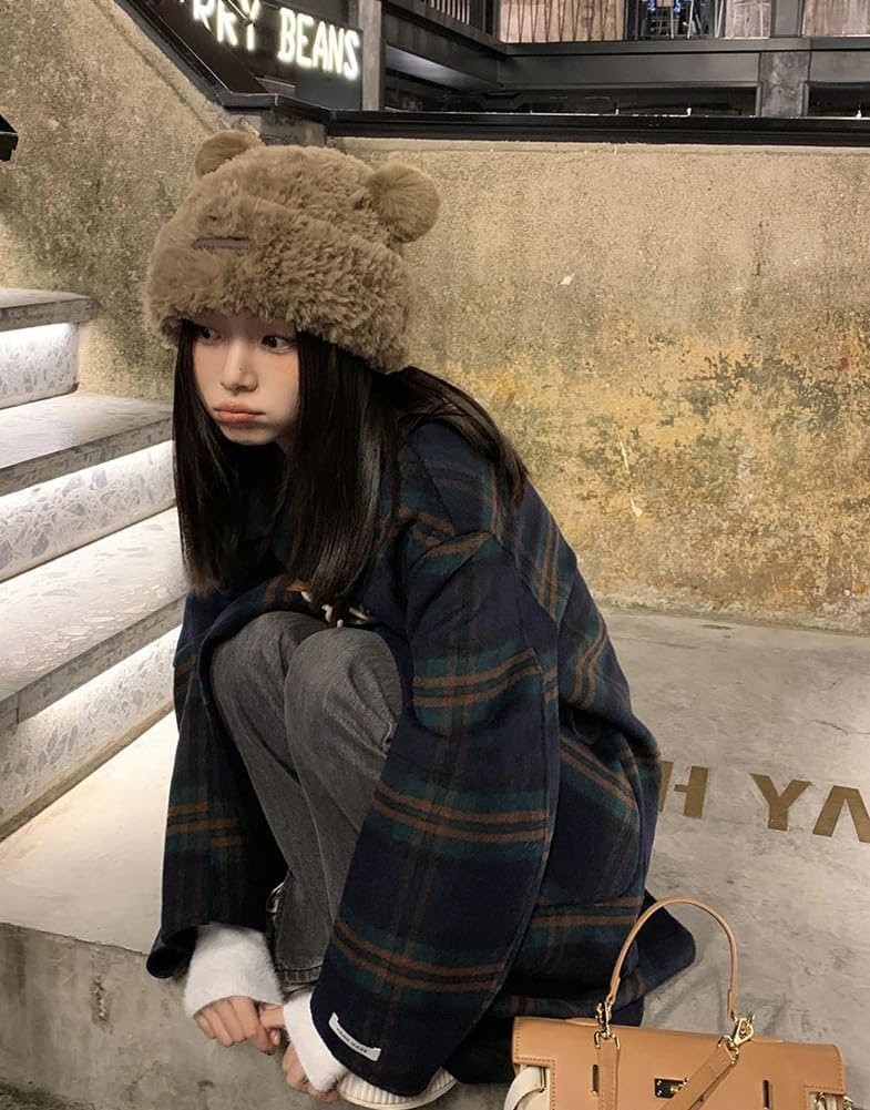 Y2K Beanie Hat for Women Cute Fuzzy Bear Ear Beanie Hat Furry Slouchy Faux Fur Winter Hat Warm Trendy Beanies Cap - Image 4