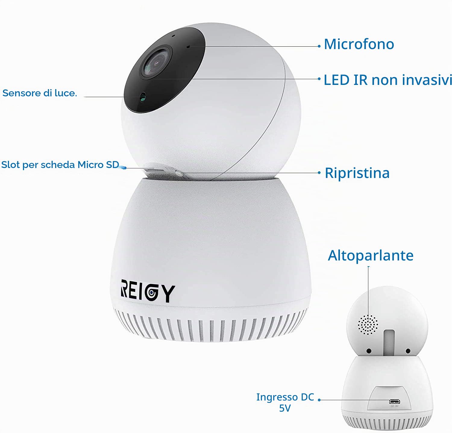 REIGY 1296P Telecamera Wi-Fi Interno 360 Gradi, 3MP Videocamera Sorveglianza IP Wireless Supporto Audio Bidirezionable Night Vision Allarme APP iOS/Android Compatibile NVR Sistema
