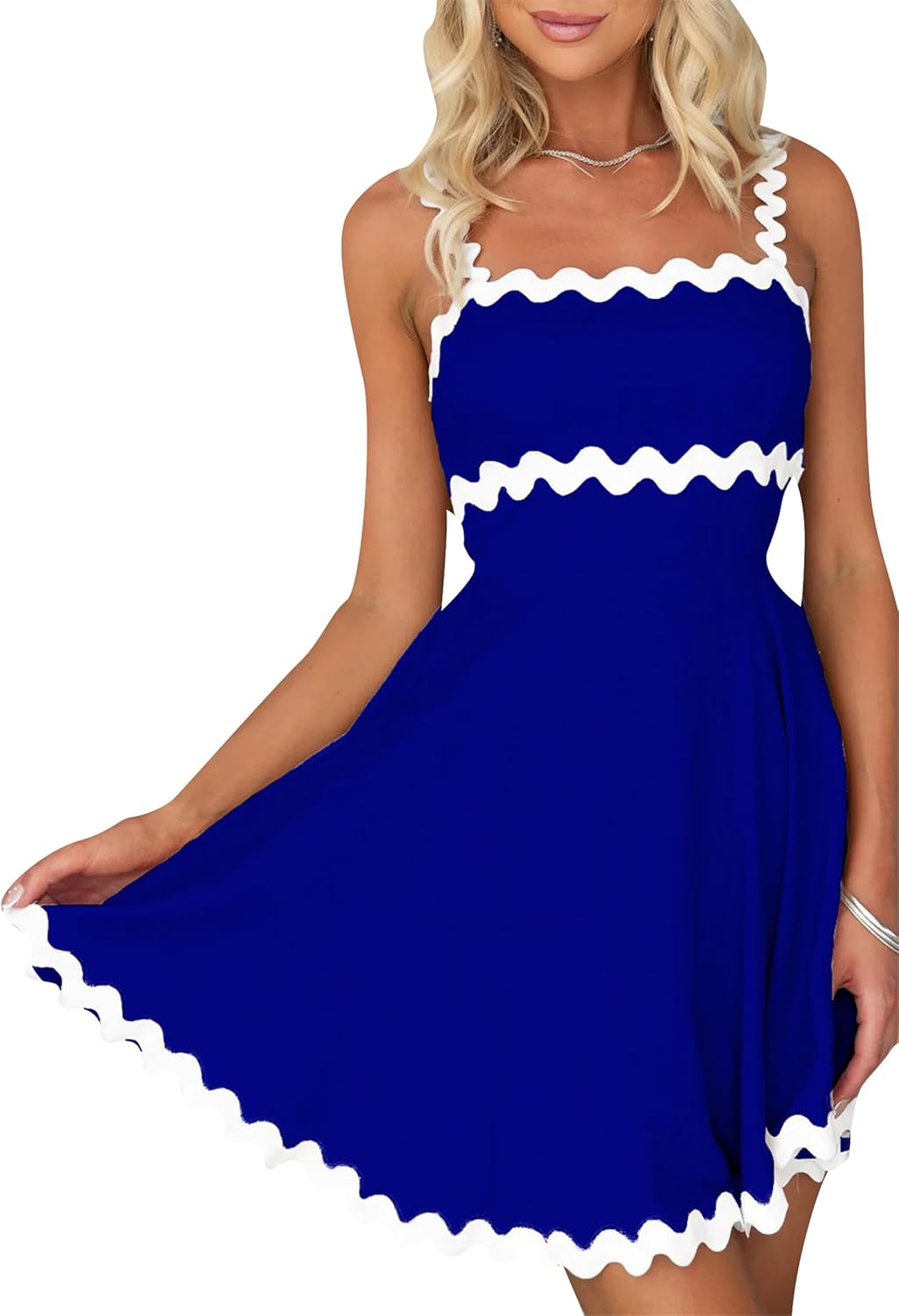 YMING Womens Solid Color Rickrack Dress Summer Spaghetti Strap Sundress Beach Mini Swing Dresses
