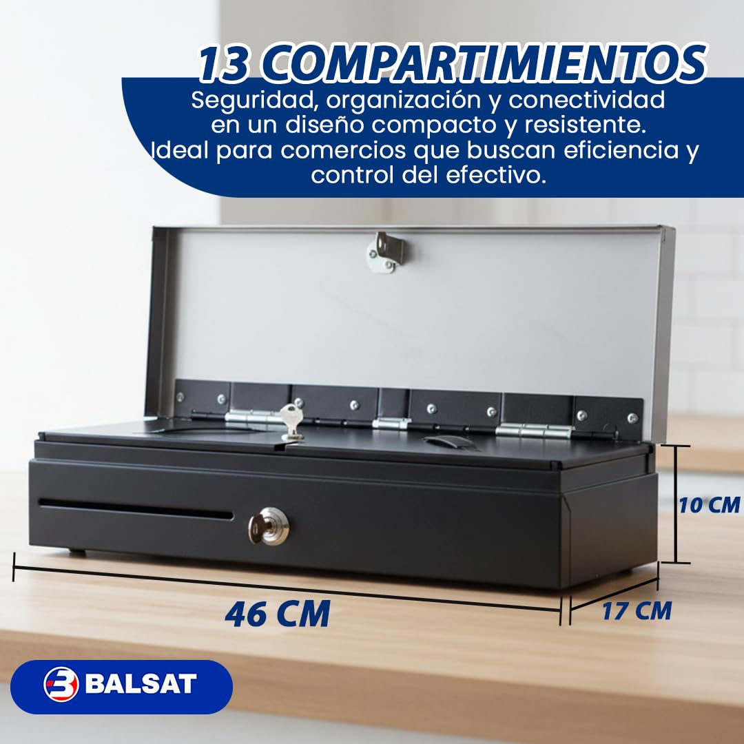BALSAT | Cajón de Monedas Profesional | Cajón Eléctrico Con Apertura Vertical | 46x17x10 cm | Compartimentos Para Monedas y Billetes | Llave de Seguridad | Conexión RS-232 y RJ-11 | Diseño Compacto