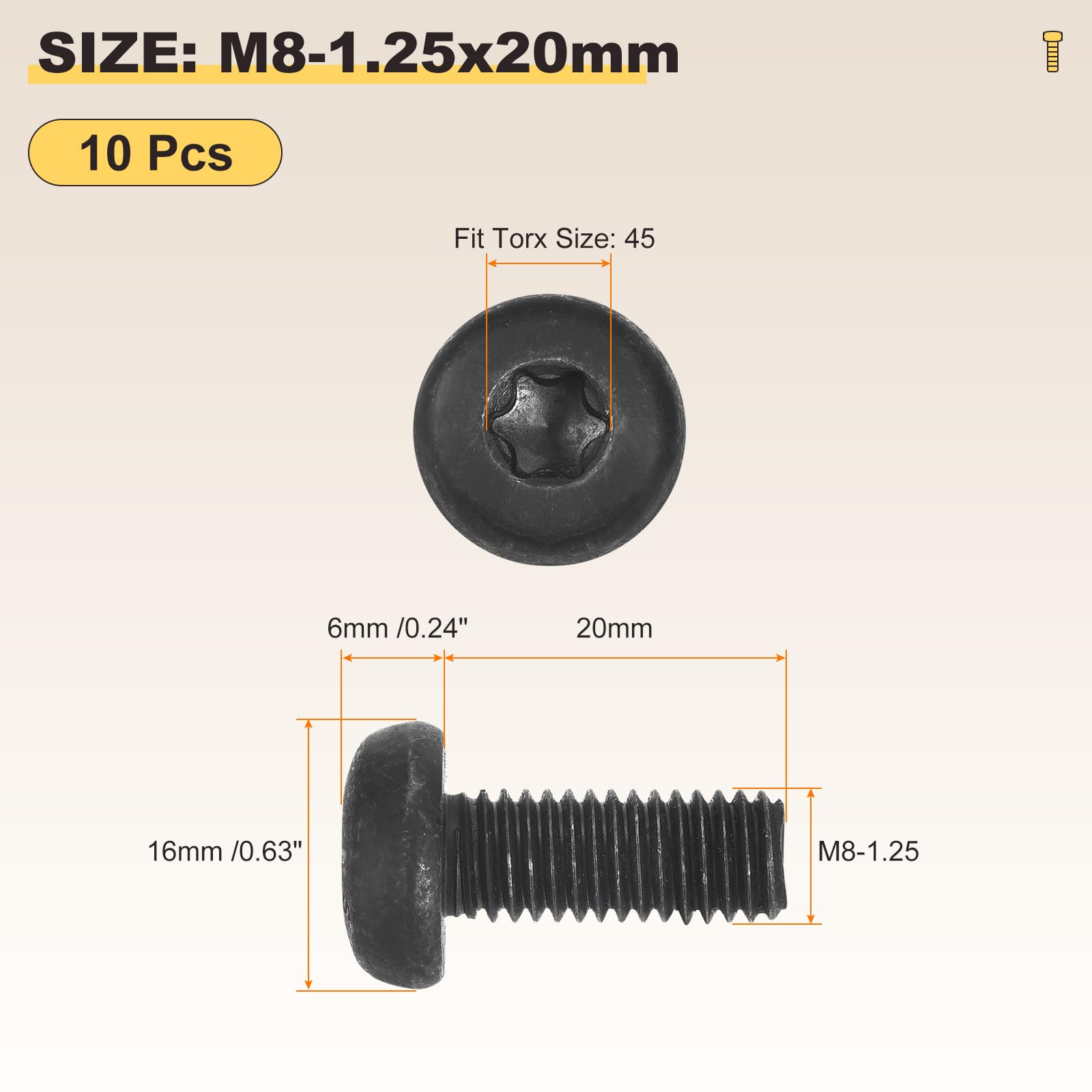 METALLIXITY Pan Head Torx Security Screws Bolts (M8-1.25x20mm) 10Pcs, Button Torx Head Machine Screws Carbon steel - Image 2