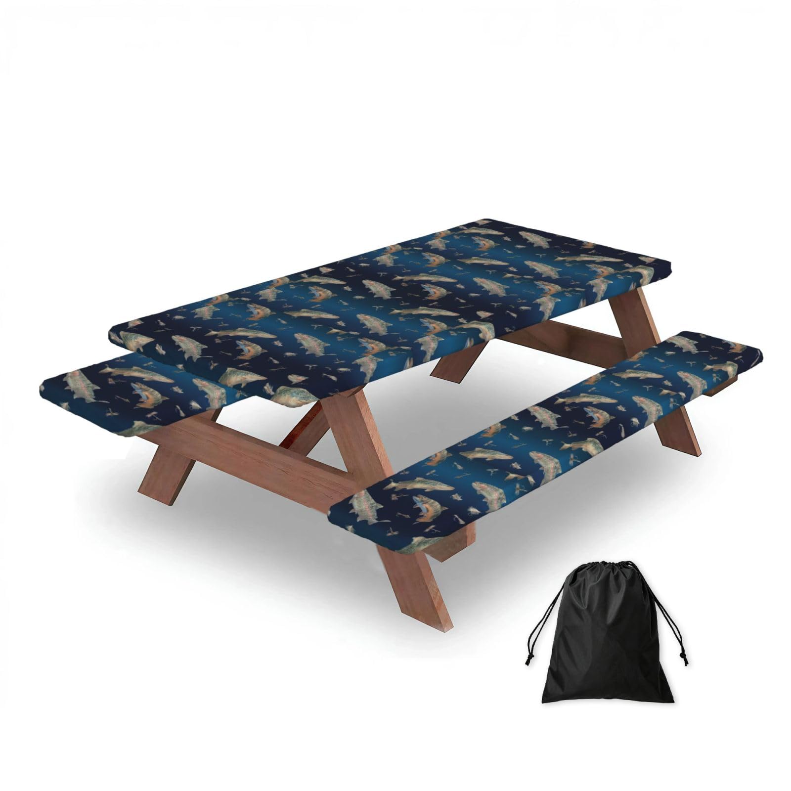 Dopklna As Picture Swimming Fish On Ombre Fleece, Picnic Table Cover With Bench Covers -Waterproof Elastic Fitted Tablecloth For Garden Camping Patio 76X152cm