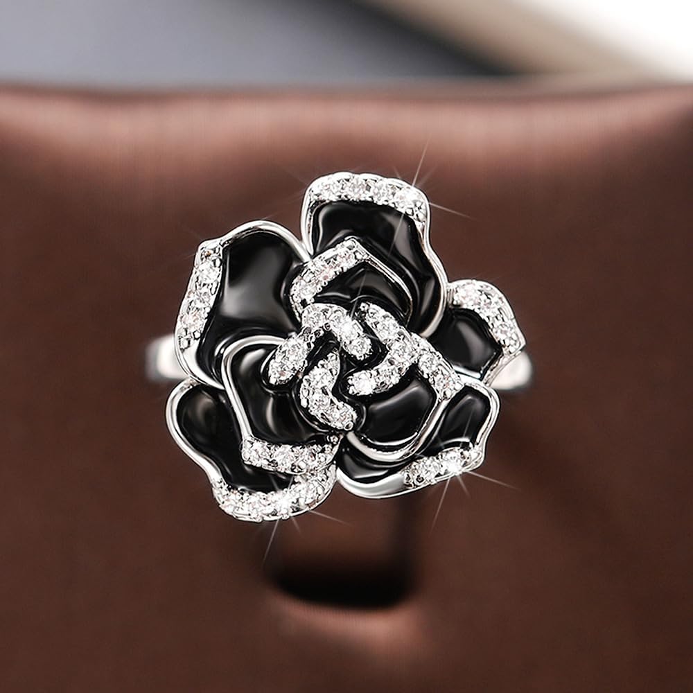 Black Enamel Rose Flower Cubic Zirconia Statement Rings for Women Girls Dainty Crystal Camellia Flowers Engagement Wedding Finger Ring Xmas Jewelry Girlfriend BFF - Image 4