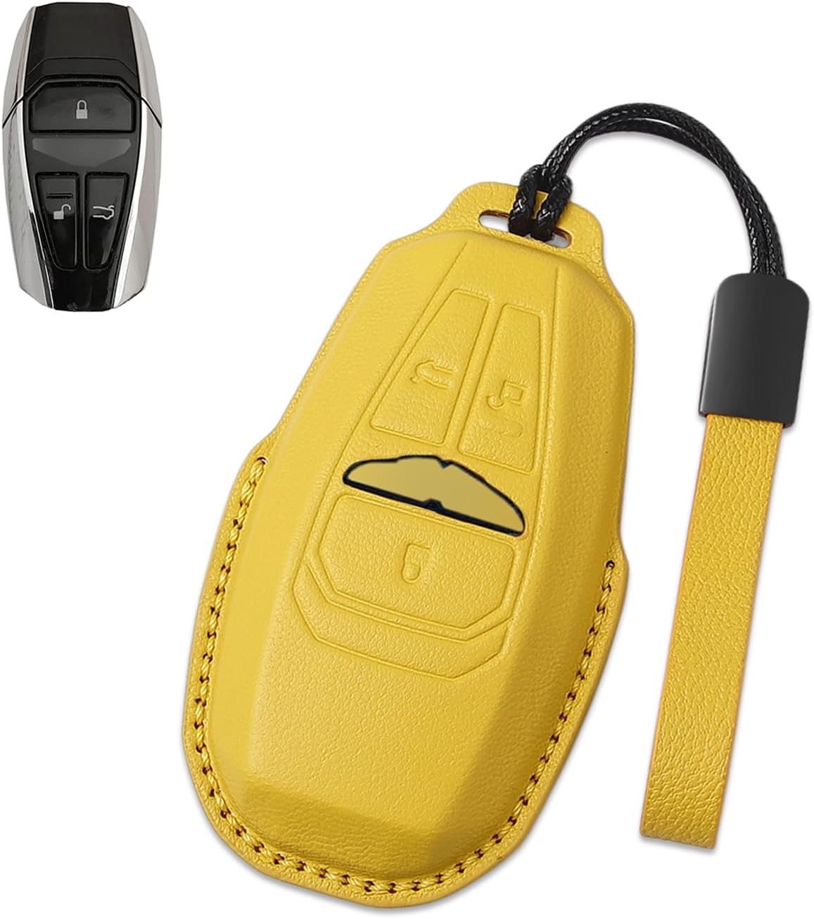 Goatskin Leather Key Fob Cover Key Case Holder Protector Shell Compatible with Aston Martin DB11 DBS Superleggera New Vantage(Yellow Keychain)