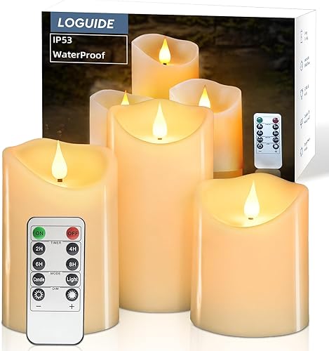 LOGUIDE Velas sin llama, velas parpadeantes impermeables para exteriores, velas LED de pilar a pilas con temporizadores remotos, velas eléctricas de