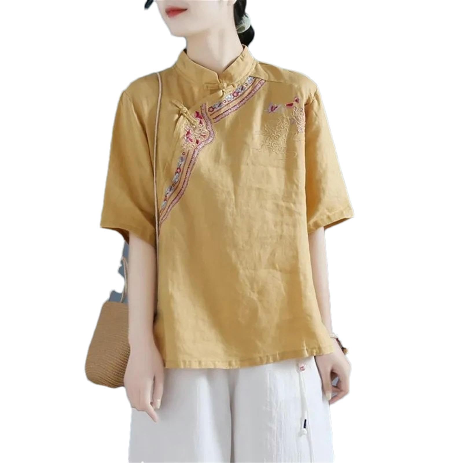 Stile cinese Pulsante ricamato Camicia estiva in cotone a maniche corte Top donna allentato cotone e lino camicetta retrò