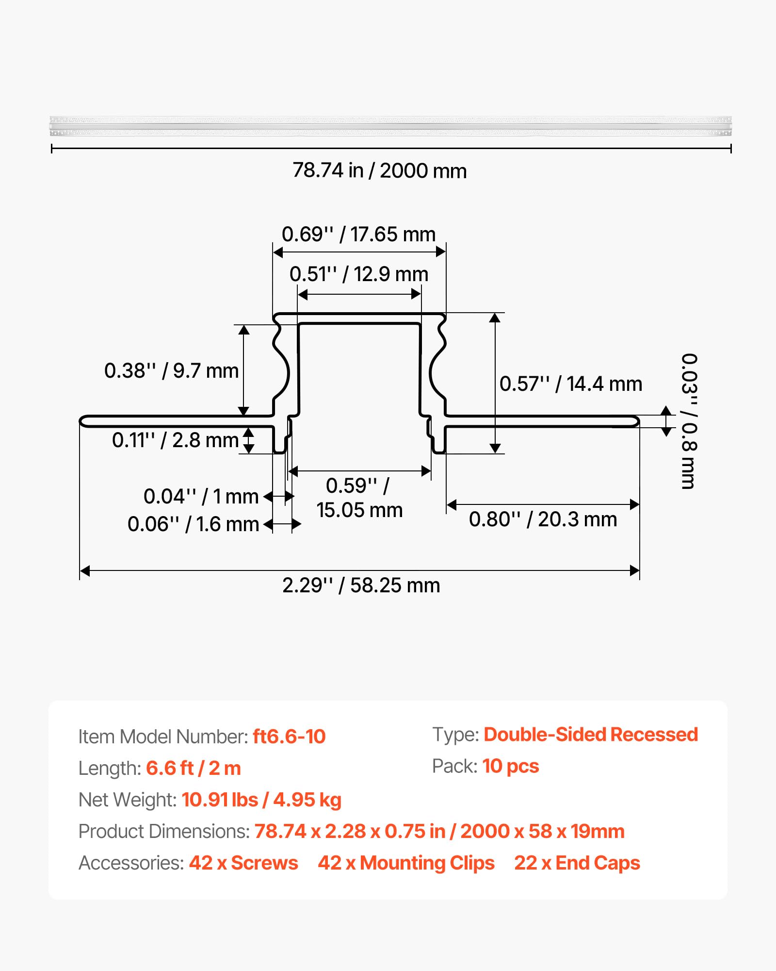VEVOR Set di Profili per Strisce LED in Alluminio 10 pezzi da Incasso Lunghezza 2 m, Confezione 10 Canali per Luci LED per Cartongesso Illuminazione da Parete Soffitto con Diffusore Bianco