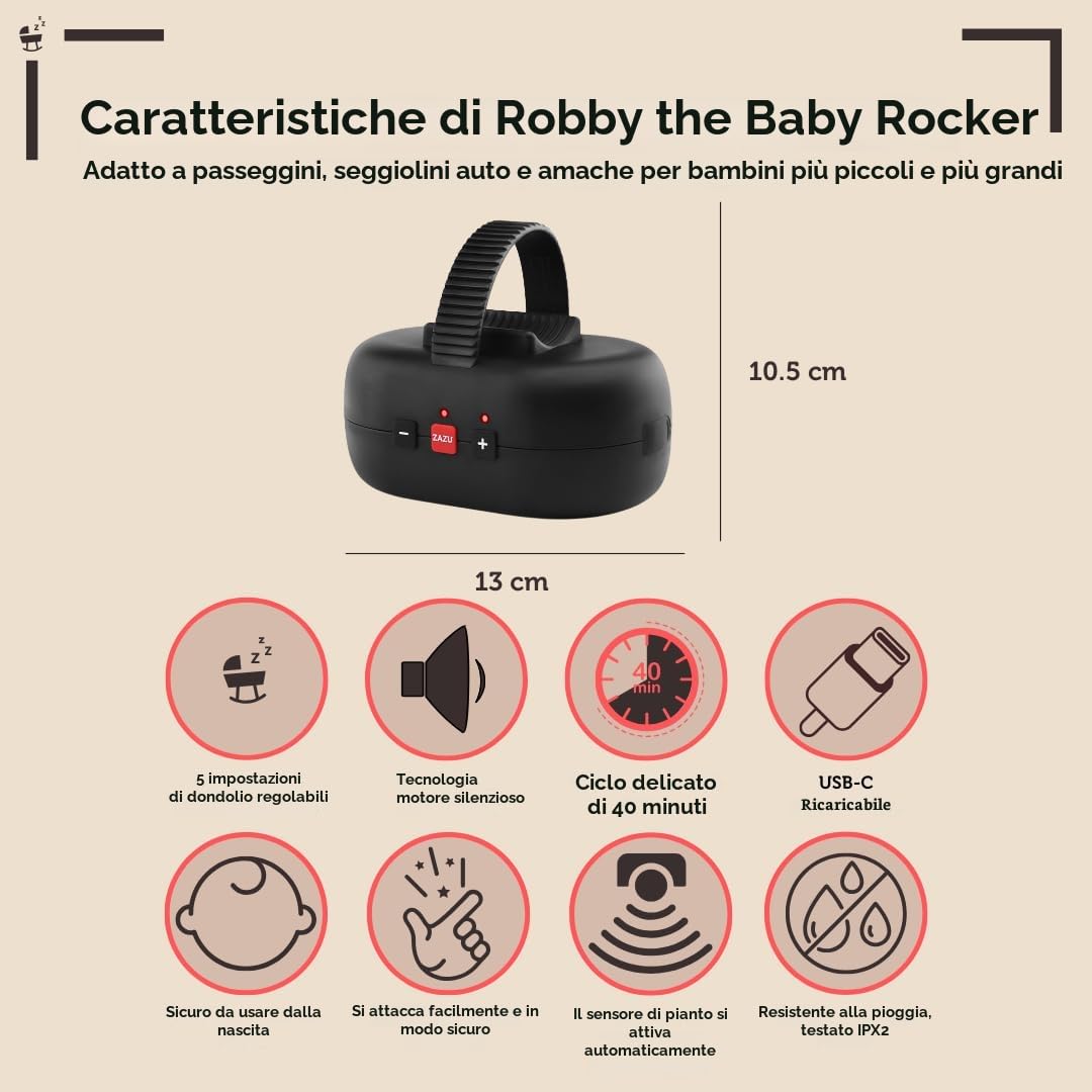 ZAZU Robby - Altalena automatica per passeggino, spessore regolabile, timer da 40 minuti, sensore da viaggio per bambini, ricaricabile USB-C, impermeabile, universale per passeggino e passeggino