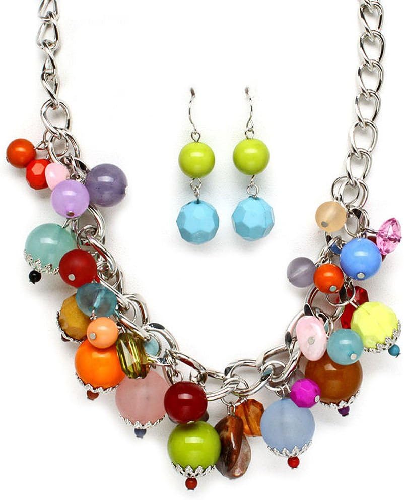 Pink Blue Yellow Green Festoon Set Necklace Pierced Earrings Silvertone