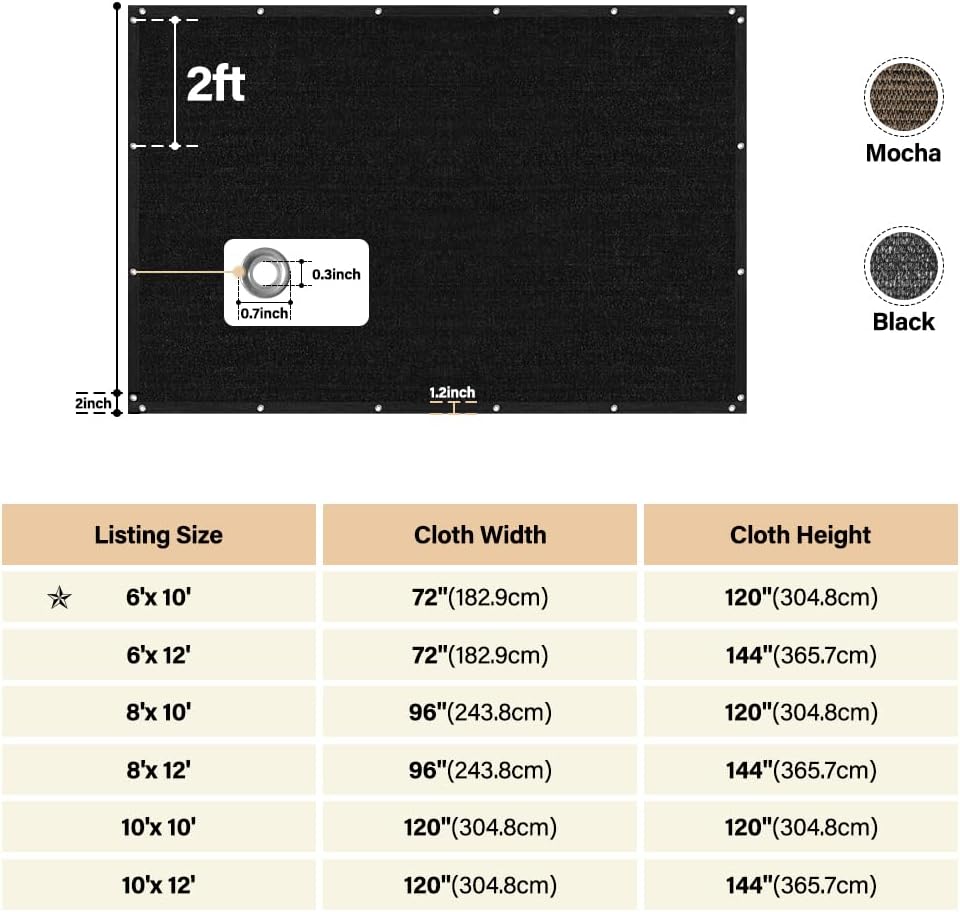 Kokorona 90% Sun Shade Cloth with Grommets, 6' x 10' Pergola Shade Cover for Outdoor Patio, Mesh Tarp Patio Sun Screen Blocking Sunshades Cloth for Garden, Backyard, Outside, Black