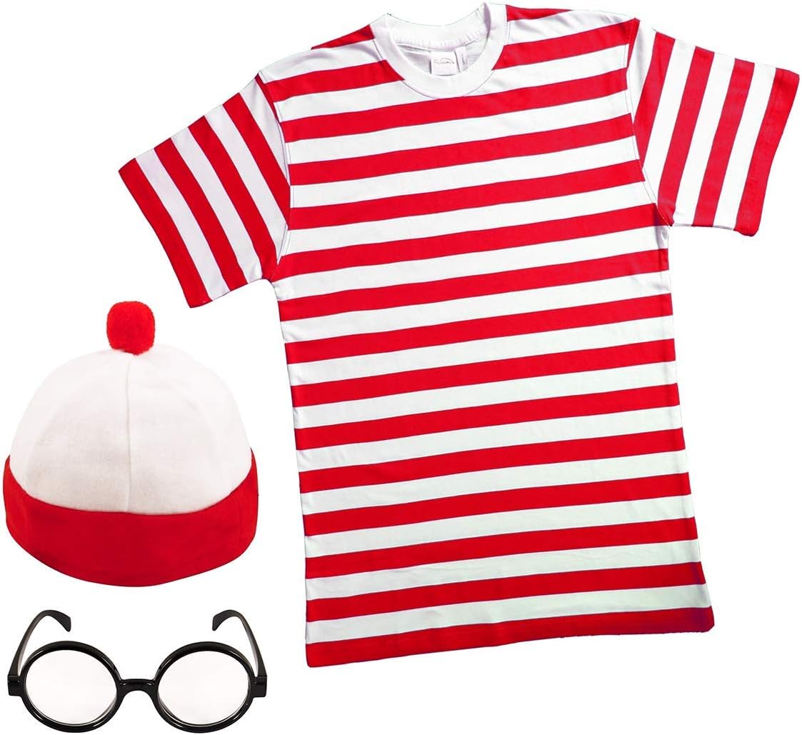 Crazy Chick® MENS LADIES RED & WHITE STRIPED TSHIRT HAT & GLASSES Fancy Dress