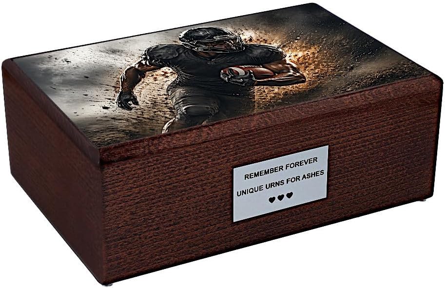American Football Cremation Urn for Adult Human Ashes, Solid Wood Memorial for Sports Enthusiasts