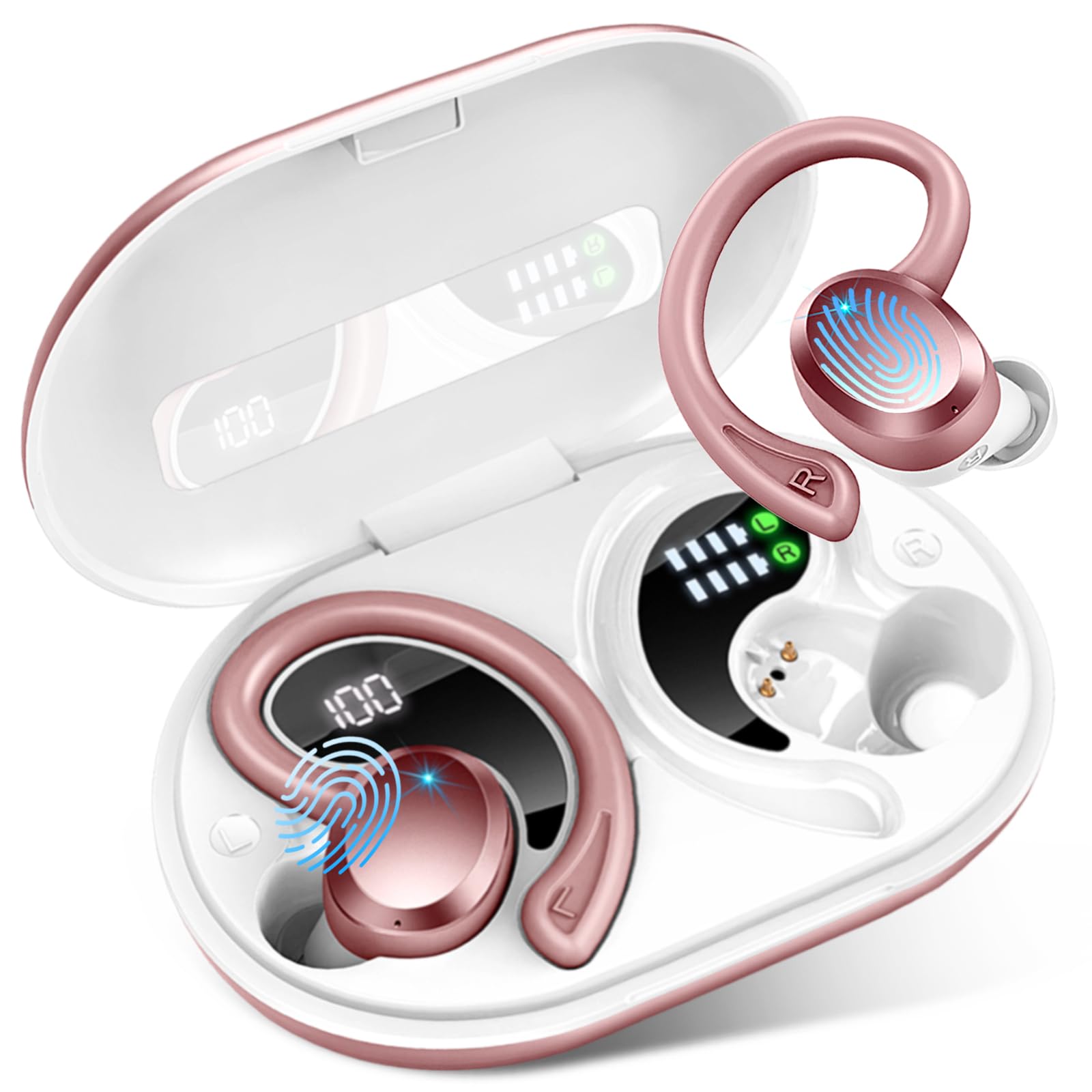 Wireless Earbuds Sport, 2025 Bluetooth 5.4 Headphones Bass Hi-Fi Stereo Over Ear Buds, 56Hrs Noise Cancelling Headset with Earhook, IP7 Waterproof Earphones Workout Running for Laptop Pad Android iOS