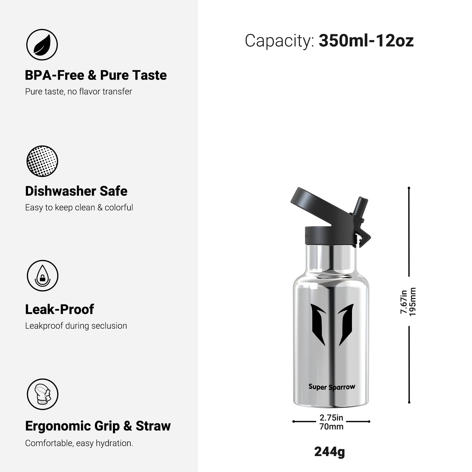 Super Sparrow Borraccia Termica, Acciaio Inox Bottiglia Termica - 350ml, 500ml, 750ml, 1L - Senza BPA Borracce, Borraccia Bambini per Scuola, Sport, Campeggio, Yoga, Palestra, Ciclismo