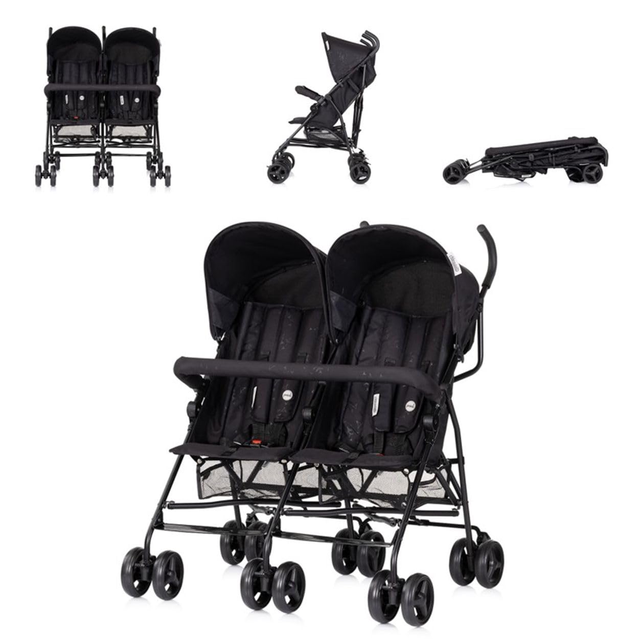 Chipolino Zwillingskinderwagen Double Point klappbar Korb Sonnendach Frontbügel schwarz