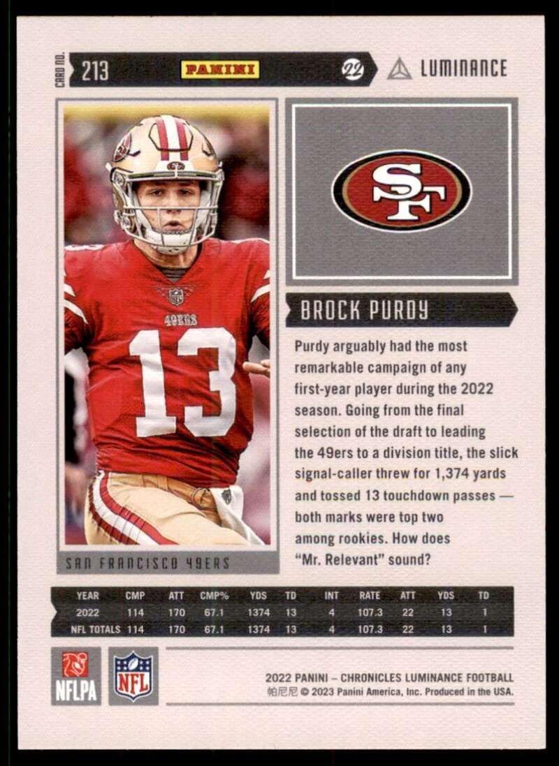 2022 Panini Chronicles Luminance Update Vertical Rookies #213 Brock Purdy NM-MT San Francisco 49ers Football Trading Card