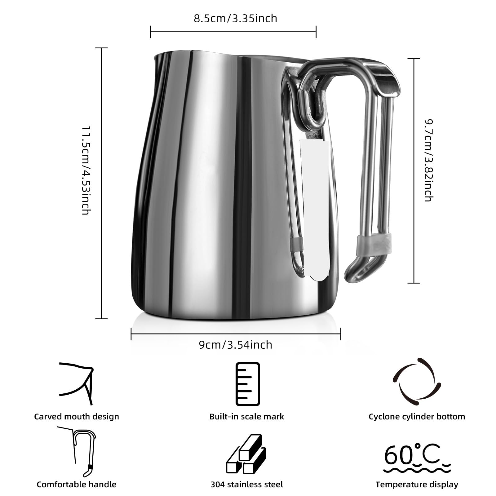 Jarra para Leche Jarra de acero inoxidable 600 ml for espumar café latte art con líneas medición for uso doméstico y en cafeterías(Black 600ml)