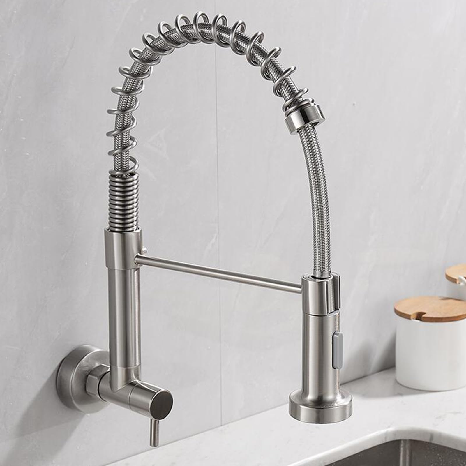 Grifo de Pared Cocina Solo Agua Fria Grifo de Cocina con Resorte Giratorio Latón Grifos Cocina-Cepillado