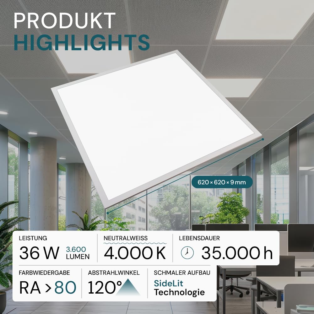 LED Panel 62x62cm 3600lm 4000K 36W Rasterleuchte Einlegeleuchte Büroleuchte inkl. Trafo 6 Stück
