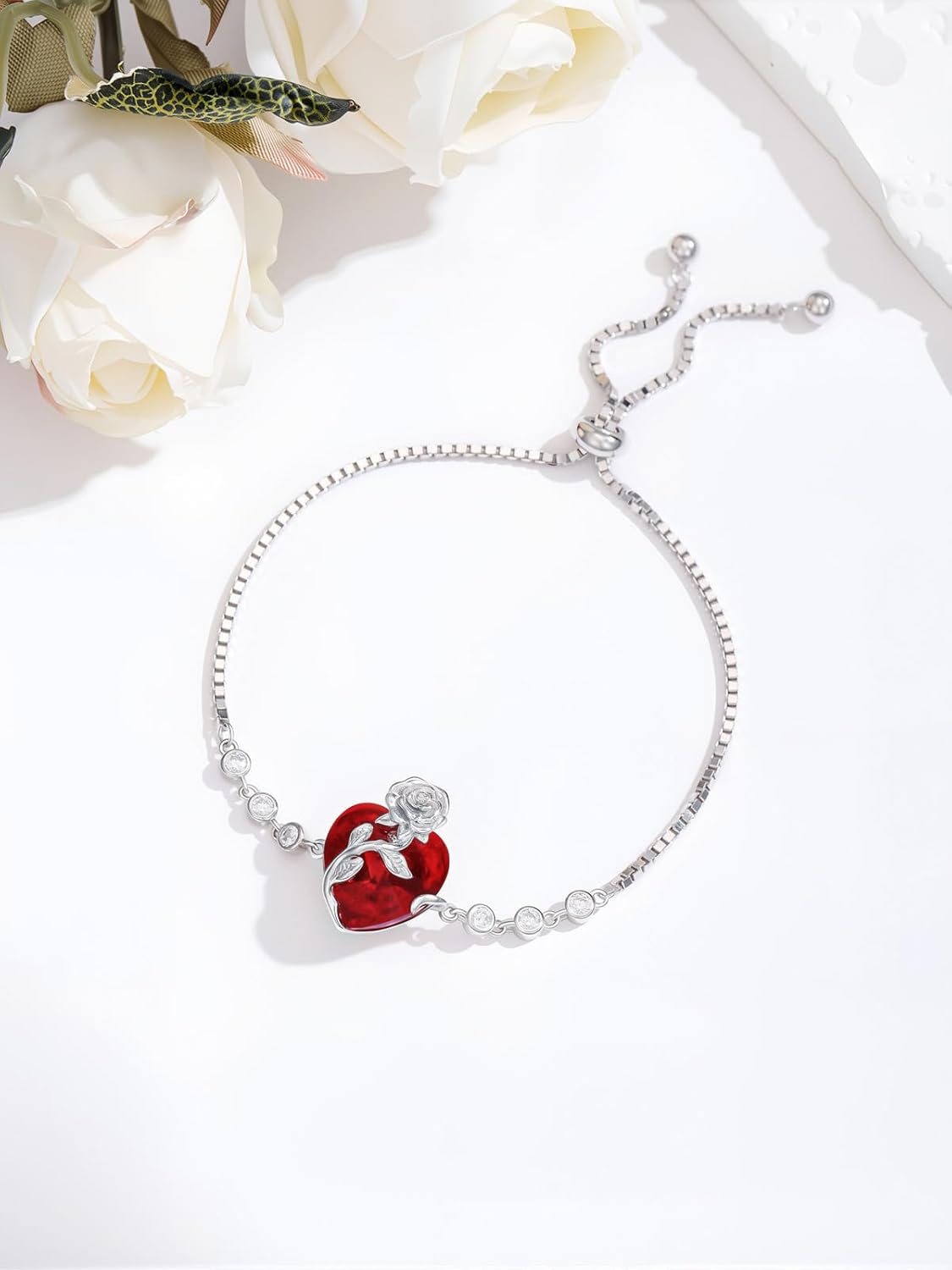 OCJ Birthstone Bracelet for Women 925 Sterling Silver Rose Flower Heart Tennis Bracelet Jewelry Anniversary Christmas Birthday Gifts for Women Wife Her Girlfriend - Image 5
