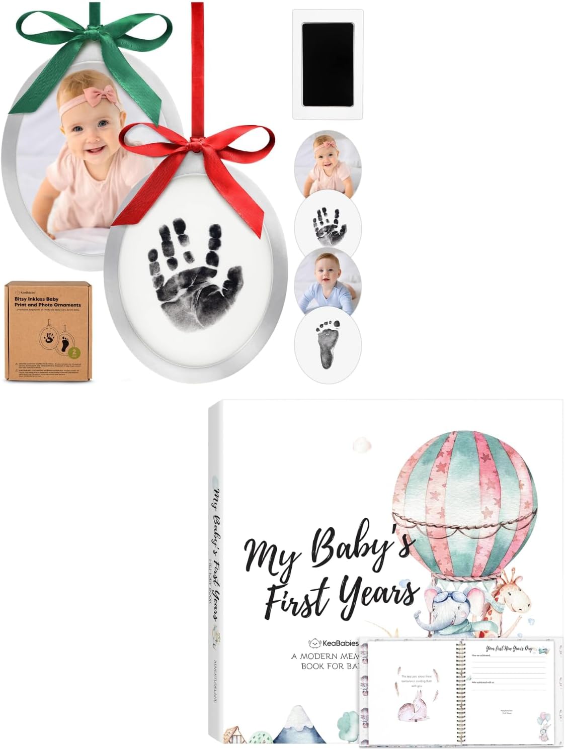 KeaBabies Inkless Baby Hand and Footprint Ornament Kit and First 5 Years Baby Memory Book Journal - Two-Sides Baby Footprint Kit, Personalized Baby Gifts Photo Frame - 90 Pages Keepsake Baby Book