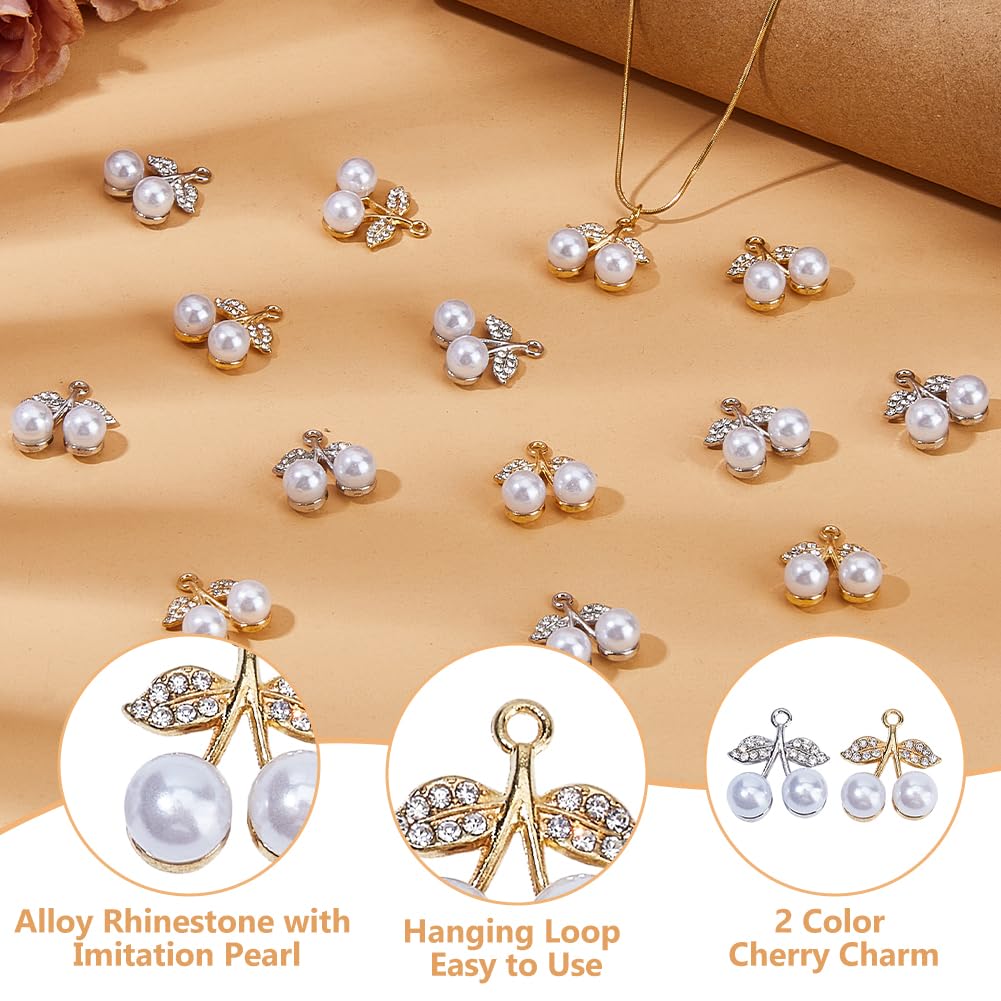 40 dijes de cereza con diamantes de imitación, 2 colores, elegantes dijes de circonita cúbica con perlas de imitación para hacer joyas, collares, aretes, suministros de manualidades
