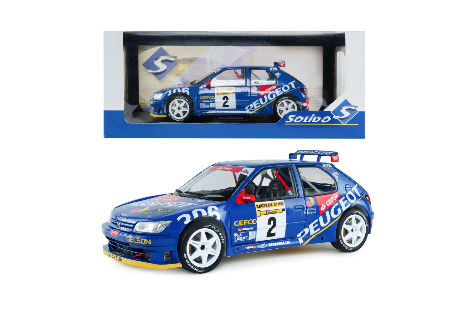 Solido Peugeot 306 Maxi #2 Rally De Avilés 1997 – Diecast Rallye Voiture de Course, J.Ascona J.Billmaier Voiture de Course Miniature de Sport Automobile détaillée Bleu 1:18