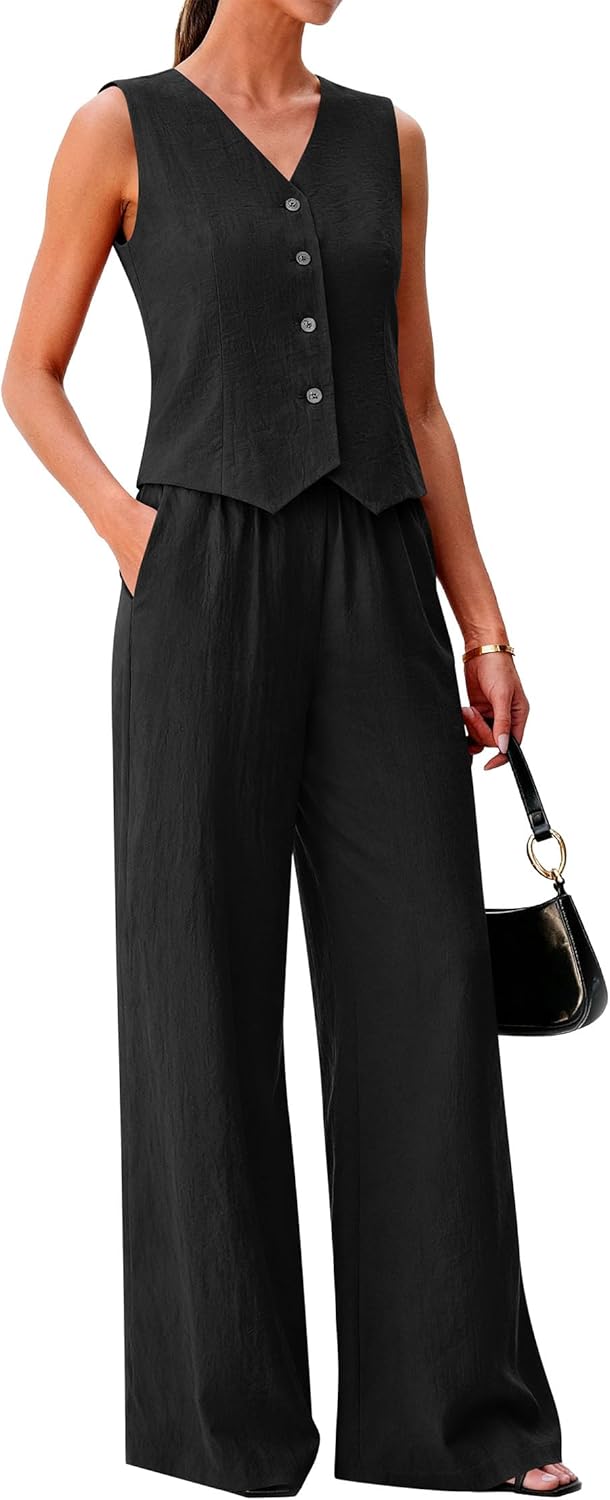 KIRUNDO Business Casual Outfits for Women Vest Tops Pant Suits Dressy 2 Piece Sets Summer Crop Blazer Wide Leg Work Pants